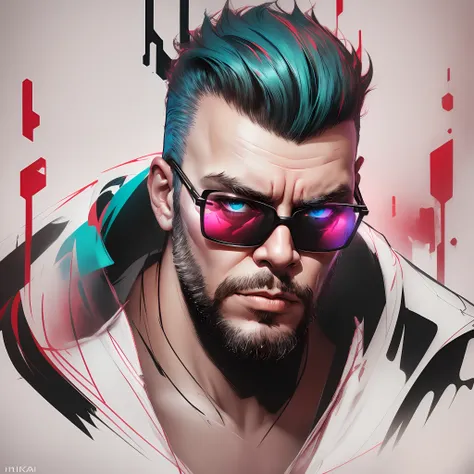 a man with a beard and sunglasses, cyberpunk art, funk art, stunning gradient colors, stylized portrait h 704, pompadour, twitch...