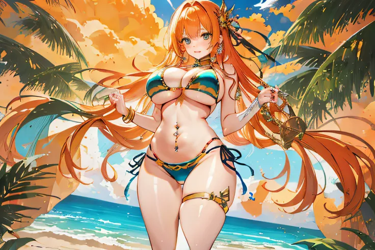 golden bikini, massive breasts, orange hair, tiar, jewellery, narrow and long navel, navel piercing, wide hips, tiny waist, thick thighs with decorations