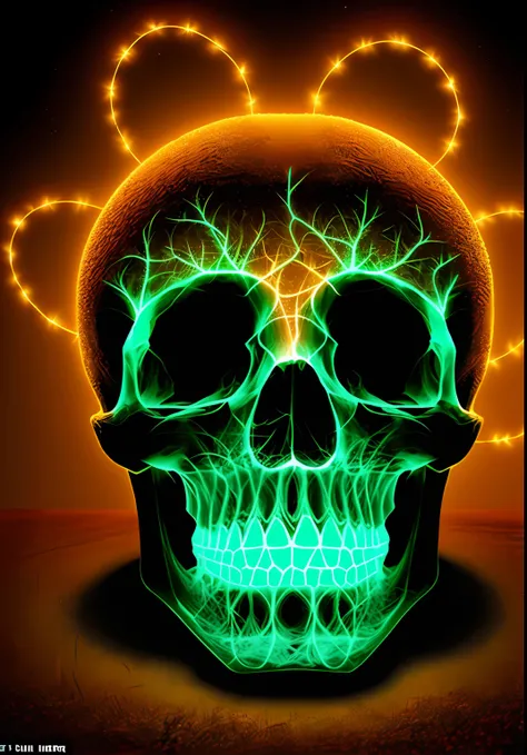 anthill in shape of an old human skull glowing in the dark with tendrils around and a big dark butterfly flying around