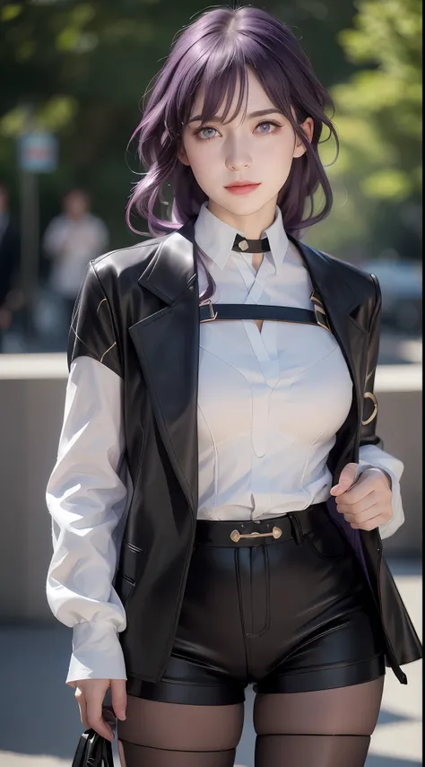 (photorealistic:1.4), raw photo, 1girl, purple eyes, purple hair, (eyewear on head), stellaron hunters outfit,  black jacket, ja...