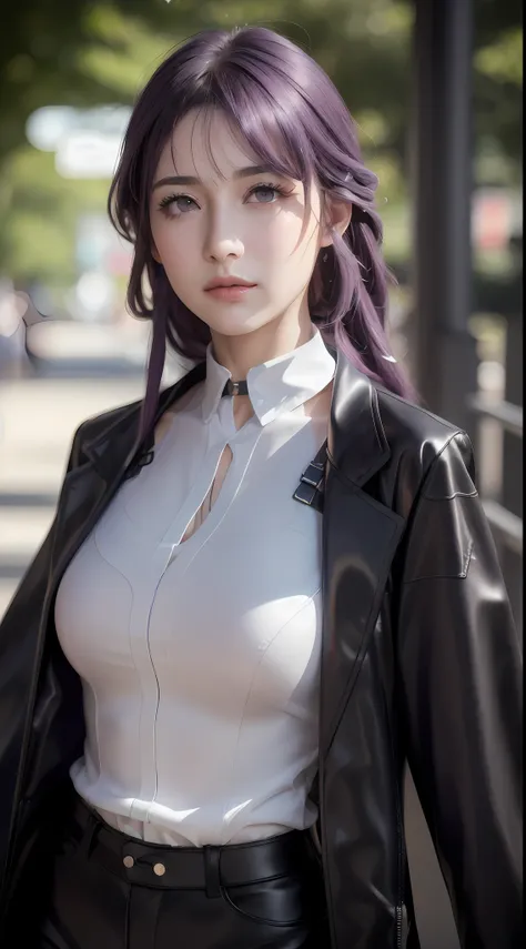 (photorealistic:1.4), raw photo, 1girl, purple eyes, purple hair, (eyewear on head), stellaron hunters outfit,  black jacket, ja...