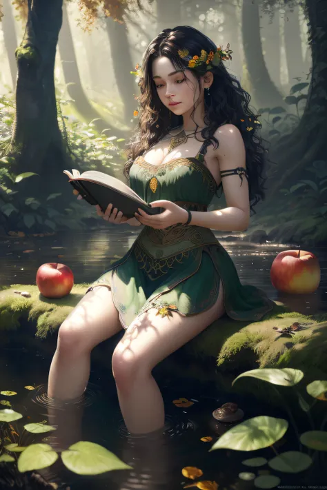 beautiful caucasian girl full body close-up, bare skin, skin wet with water, long black hair and curly hair,,(Masterpiece, best quality, high quality, extremely detailed CG unity 8k wallpaper), the mysterious and fascinating scene of the fantasy forest, to...