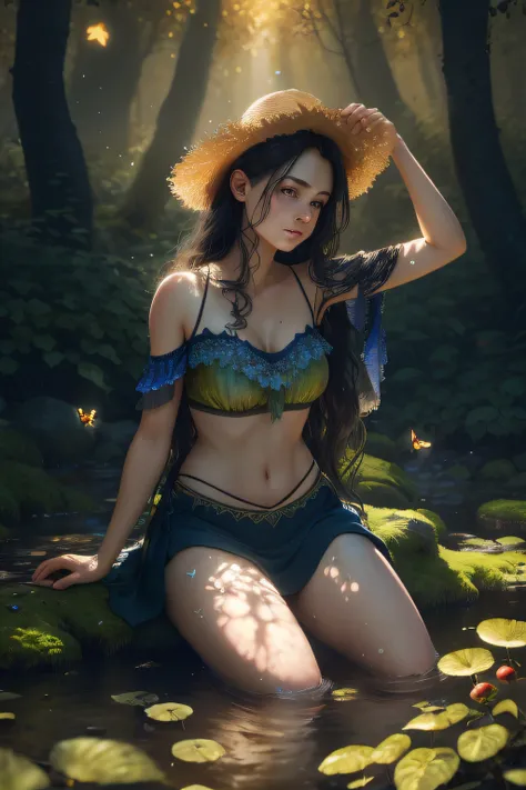 beautiful caucasian girl full body close-up, bare skin, skin wet with water, long black hair and curly hair,,(Masterpiece, best quality, high quality, extremely detailed CG unity 8k wallpaper), the mysterious and fascinating scene of the fantasy forest, to...