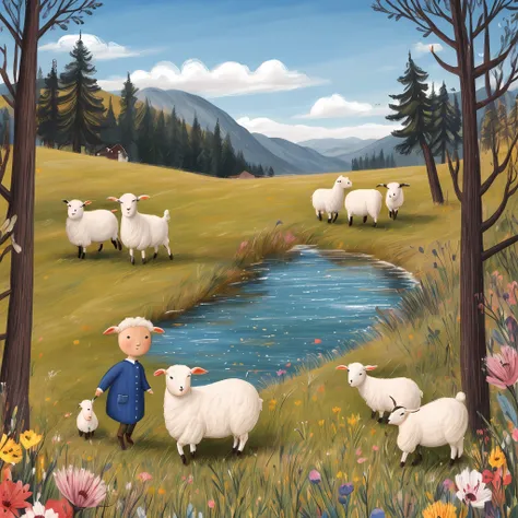 Create a heartwarming illustration of the Lost Lamb and its caring shepherd in a picturesque countryside scene. The lamb is depicted as fluffy and adorable, with a timid yet hopeful expression. The shepherd, portrayed as a gentle figure, is guiding the los...