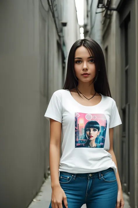 1girl , sexy latin young girl, round neck white plain tee-shirt, full length tee-shirt, tight jeans, cyberpunk, dark alley, midn...