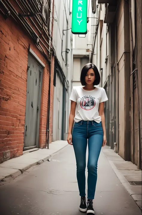 1girl , sexy latin young girl, round neck white plain tee-shirt, full length tee-shirt, tight jeans, cyberpunk, dark alley, midn...