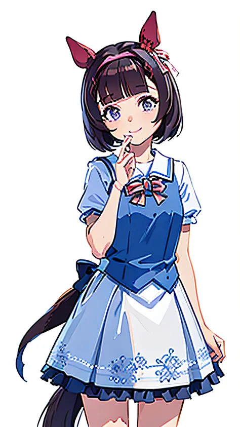 Nishino flower (Umamusume),A smile、piece、Horse ears、Game Uniform、cowboy shot、One girl、(masterpiece)、(best qualtiy)、 (ultra-detailliert)、(The best illustrations)、 (extremely delicate and beautiful)、