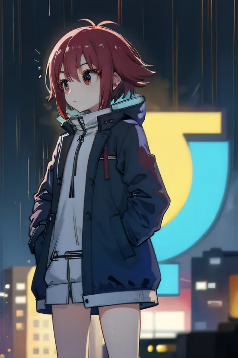 1 girl, night city, rain, coat, hands in pockets