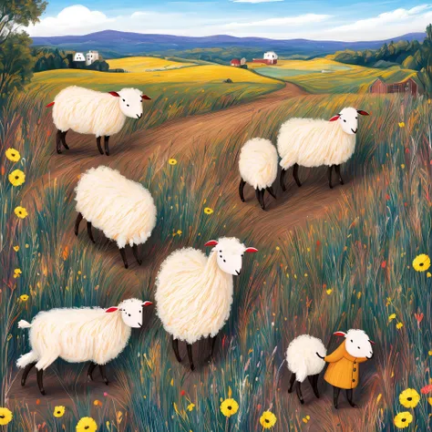 Create a gripping illustration of a Lost sheep and its caring shepherd in a picturesque countryside scene. The little sheep is described as beautiful and adorable, with a shy expression, but hopeful. O pastor, retratado como uma figura gentil, is guiding t...