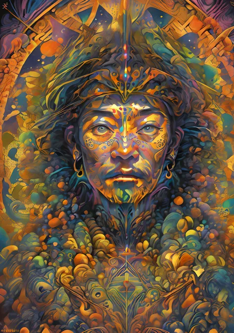 (High resolution, incredibly detailed, masterpiece), portrait of Gedhun Choekyi Nyima ,panchen lama, featuring fractal geometry in (vibrant colors:0.8), set against a (galactic background:1.2), bringing together complex, mesmerizing shapes and patterns.dmt...