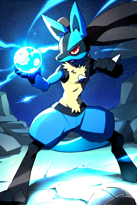 lucario, red eyes,  attack stance, casting a blue energy ball, detailed, professional lights, spikes, anime, centered, outside, ...