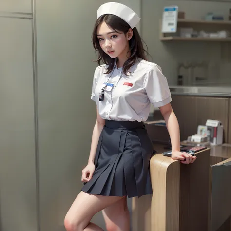 a hong kong girl wearing a formal nurse's uniform，20yr old，bigboobs，slimming the waist，young legs，white slippery，黑the eye，brown ...