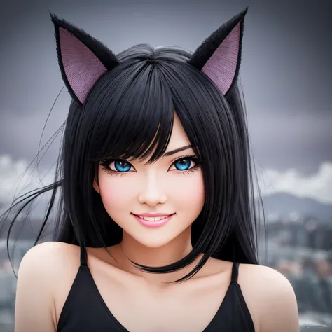 black hair, hair bobbles, wince, longeyelashes, solid circle eyes, fake animal ears, light smile, ear blush, fang, surrealism, d...