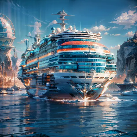 (a futuristic cruise ship leaves the harbour), masterpiece, best quality, high details), (hdr, high dynamic range), octane rende...