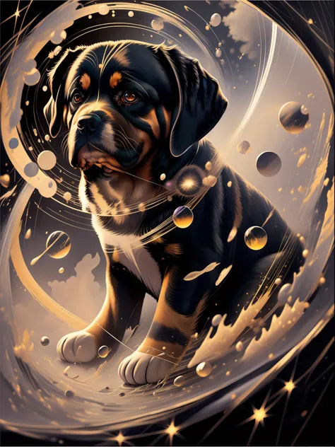 dans le style de 0mib, adorable rott weiler, prismatic splinters, reflective fractal circles, ink splashes, coups de pinceau fon...