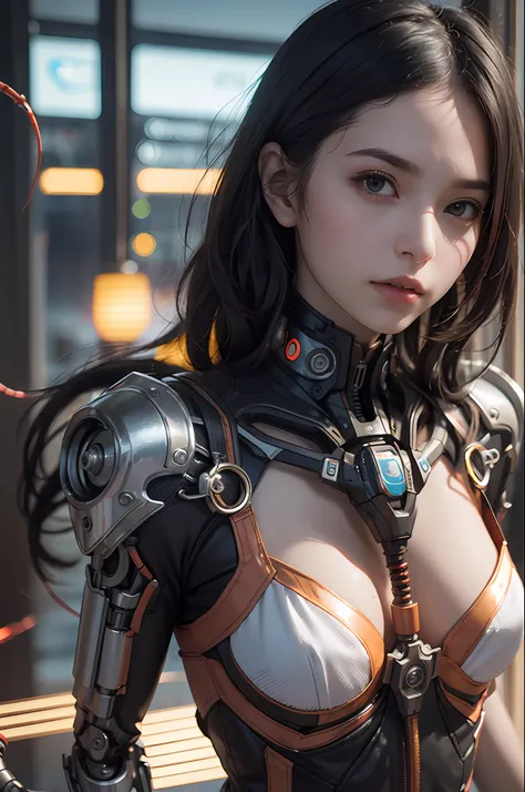 Top Quality, Masterpiece, Ultra High Resolution, (Photorealistic: 1.4), Raw Photo, 1 cyberpunk Girl, Black Hair, Glossy Skin, 1 Mechanical Girl, (Ultra Realistic Detail)), Full body, Global Illumination, Contrast, Shadows, Octane Rendering, 8K, Ultra Sharp...