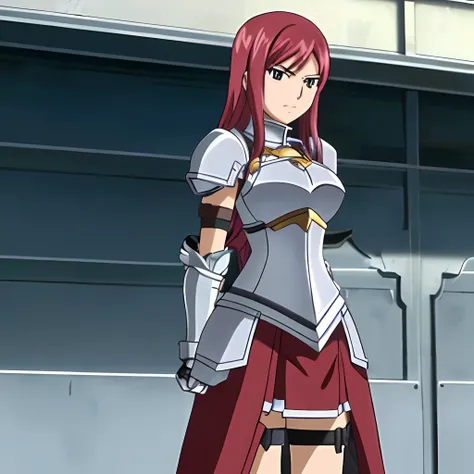 1girl, erza scarlet, fairy tail, armor, anime, restrained, handcuffed, (arms behind back:1.4), shoulder armor, gauntlets, breast...