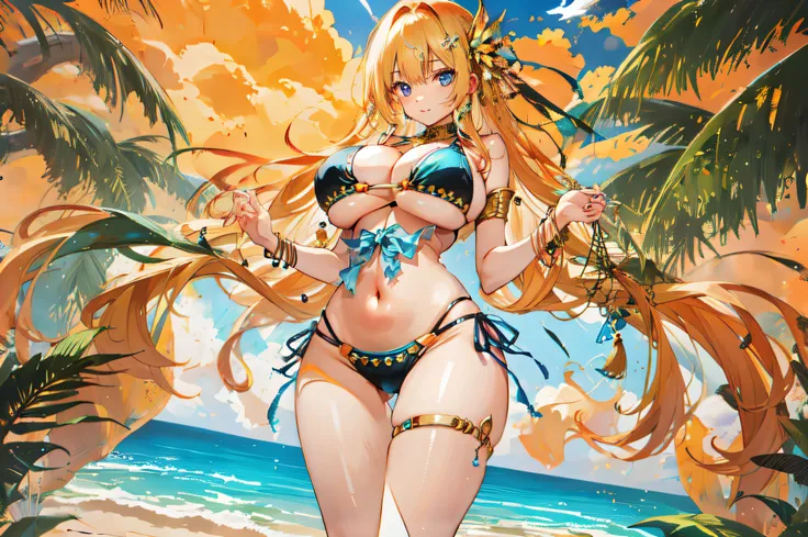 massive breasts, bikini, narrow and long navel, no ornaments