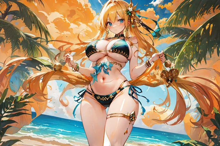 massive breasts, bikini, narrow and long navel, no ornaments