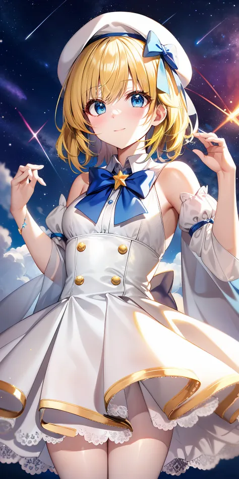 yellow-haired，white dresses，eblue eyes，star accessories，blue bow tie，white beret（it has a blue bow on it），starryskybackground，me...