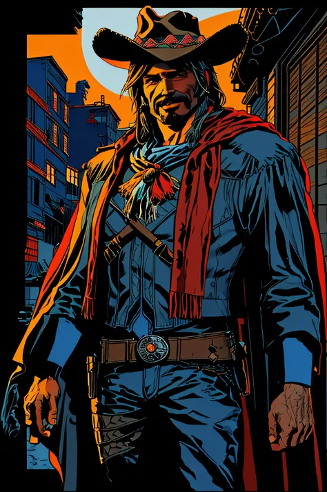 mccree, western setting, red poncho, cape, setting sun in background, smile,  confident pose, cigar in mouth,  best quality, limited palette