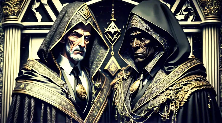 hooded old men dressed in black inside a masonic lodge --auto