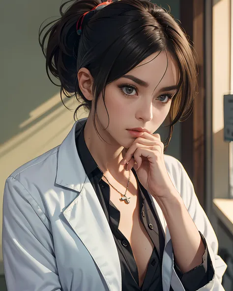 masterpiece, best quality, 8k,  naomihunter, 1girl, black_hair, ponytail, lab_coat, collared_shirt, black_shirt, unbuttoned, id_...