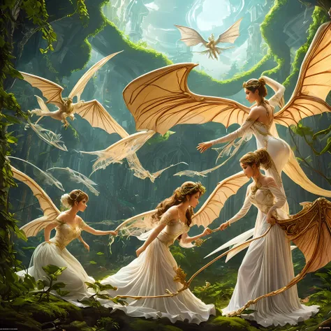 full dynamic poses)). renaissance, vivid colors, soft light, ethereal setting, opulent, intricate details. gorgeous young angels...