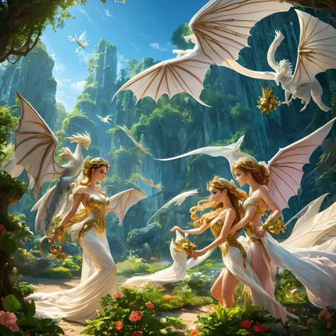 full dynamic poses)). renaissance, vivid colors, soft light, ethereal setting, opulent, intricate details. gorgeous young angels...