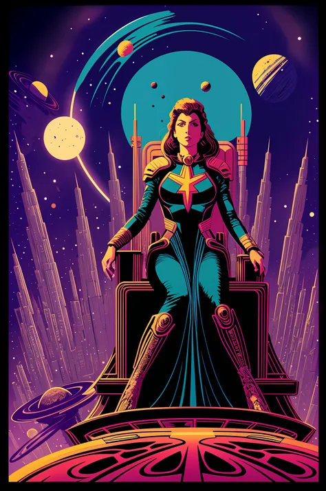 space commander woman sitting on throne, muted color, 4k resolution, art by kilian eng, art by philippe druillet