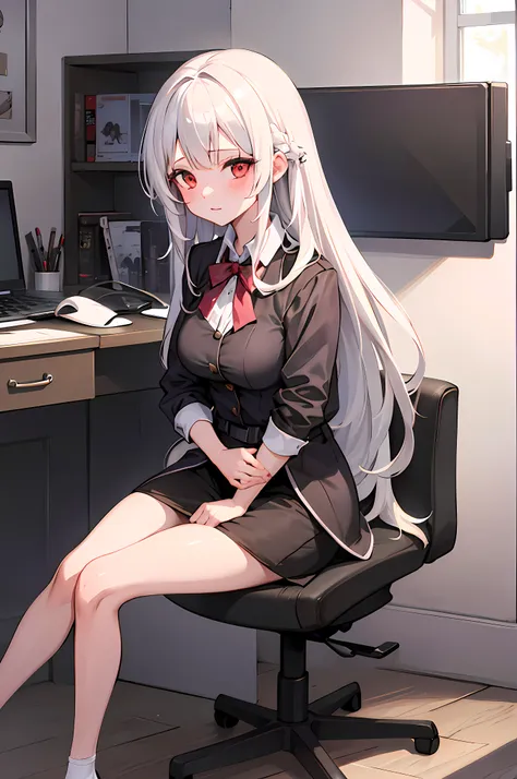 best quality, masterpiece,1girl,office girl, pencil skirt, sitting, long_hair, starry_sky, (((white_hair))), very_long_hair, red...