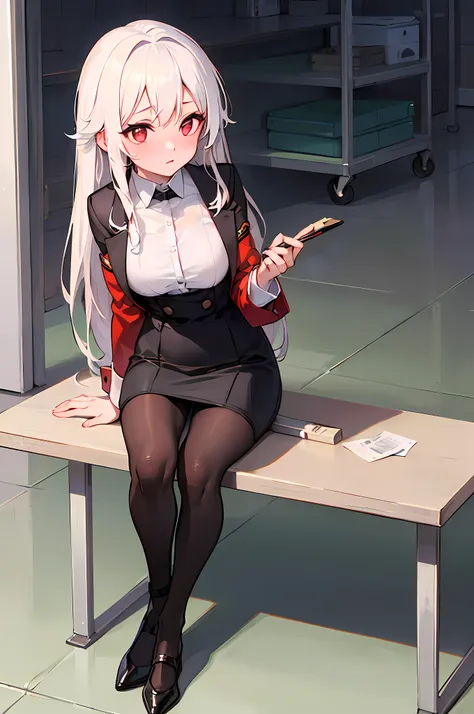 best quality, masterpiece,1girl,office girl, pencil skirt, sitting, long_hair, starry_sky, (((white_hair))), very_long_hair, red...