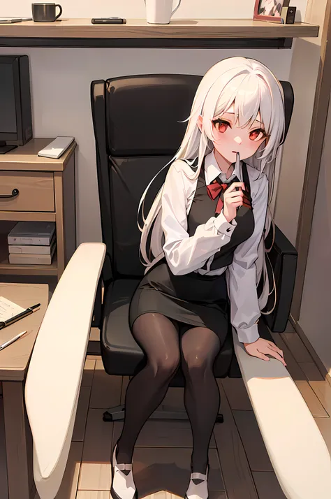 best quality, masterpiece,1girl,office girl, pencil skirt, sitting, long_hair, starry_sky, (((white_hair))), very_long_hair, red...