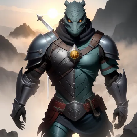 imagine um argonian imponente e nobre, wearing immaculate ebony armor and silver details. the armor is perfectly forged to fit t...