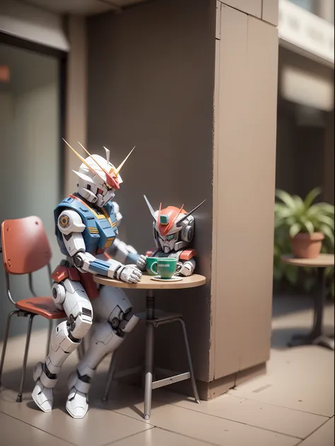 (machinary：genzu gundam:1.331)，((genko gundam sat in a chair in the café))，(there are potted plants on the coffee table)，(minamo...