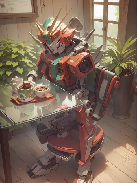 (machinary：genzu gundam:1.331)，(half-body mirror)，((genko gundam sat in a chair in the café))，(there are potted plants on the co...