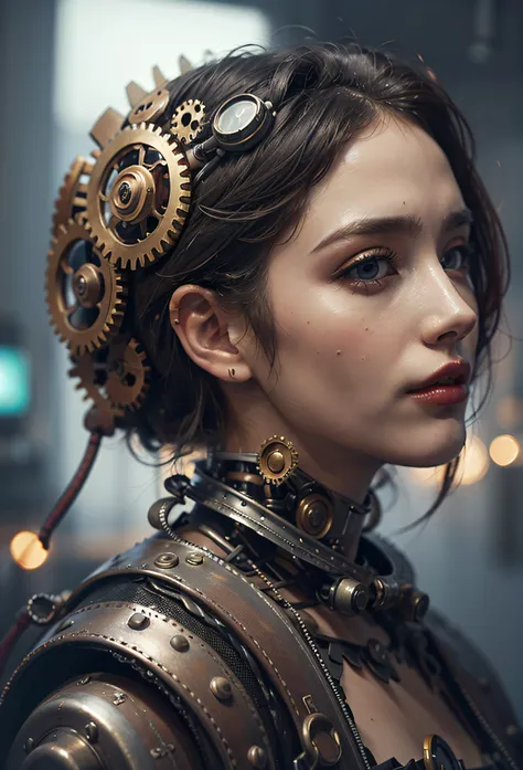 Theres a woman with gears attached to her head with steam, Portrait of a mechanical woman, Arte digital 4K realista, Arte digital 4K realista, Wojtek FUS, Arte digital altamente detalhada em 4k, Cyber Steampunk 8K 3D, arte steampunk digital, Arte digital r...