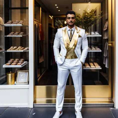 a full-body man standing leaning against a street shop window in a white social outfit with gold accents looking out front of th...