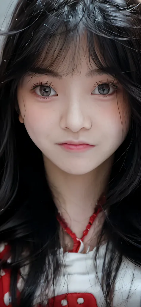 Close up of a woman with long black hair and red polka-dot shirt, with round face, pale round face, with small nose, ulzzangs, Korean symmetrical face, Asian face, soft eyes and narrow chin, jaeyeon nam, close-up face, wan adorable korean face, Face pictur...