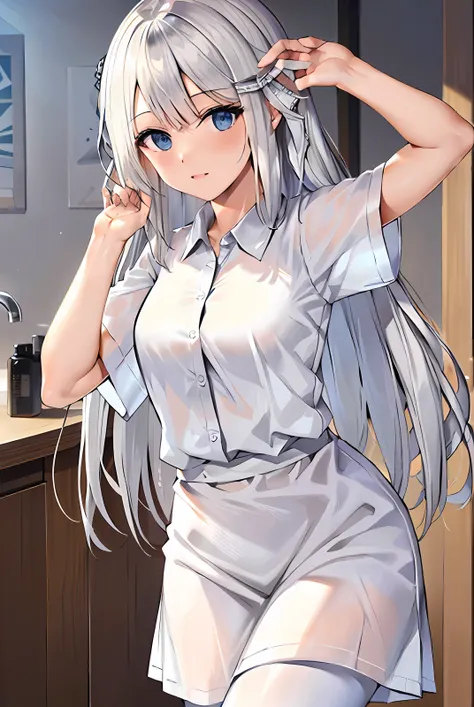 white color hair，pantyhose white stockings，ear-free，raised sexy，white  shirt