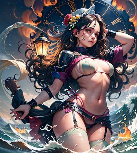 open legs, view of pubic hair,Goddess maiden, gorgeous, splashing, flame, flowing pen and ink,full female body, beautiful caucasian girl close-up, body in dynamic movement, oil, digital art, splash, full body, Ray-traced sunset rendering, shimmery water, l...