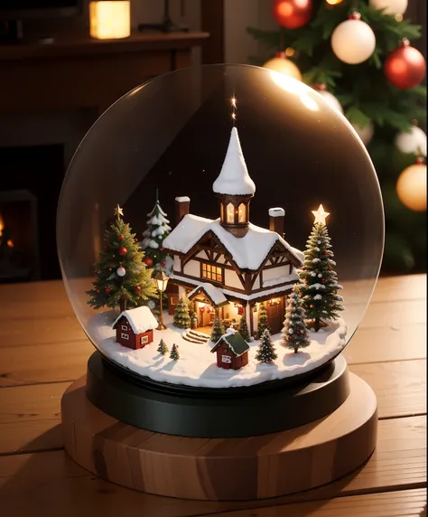 tiltshift, snowglobe with a christmas village inside,