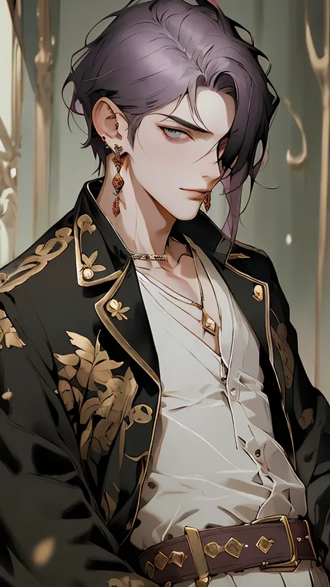 best quality, masterpiece, highres, 1boy,male,solo,upper body, sampo,purple hair,green eyes,hair over one eye,jacket,shirt,earrings,belt