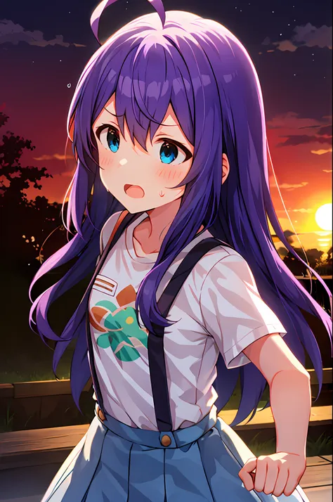 mochizuki anna,1girl in,solo,long hair,purple hair,medium chest.ahoge,blue eyes.short stature.white t-shirts.suspenders.skirt.ev...