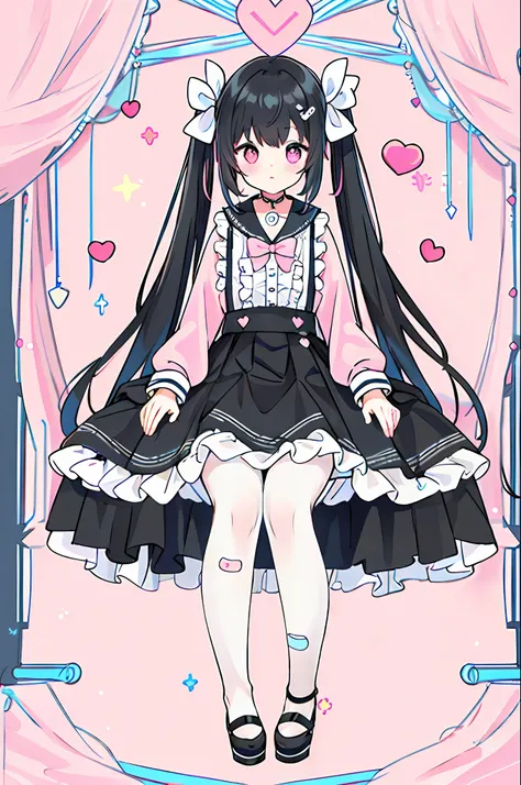 masterpiece, best quality, (jirai_kei),1girl, solo, long_hair, looking_at_viewer, shirt, black_hair, long_sleeves, bow, ribbon, twintails, sitting, monochrome, hair_bow, heart, pantyhose, frills, food, shoes, choker, blunt_bangs, black_skirt, pink_eyes, st...