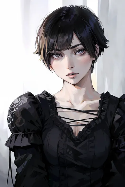 a close up of a woman with a black dress and black lipstick, blonde hime cut hair, with short hair, 1 7 - year - old anime goth ...