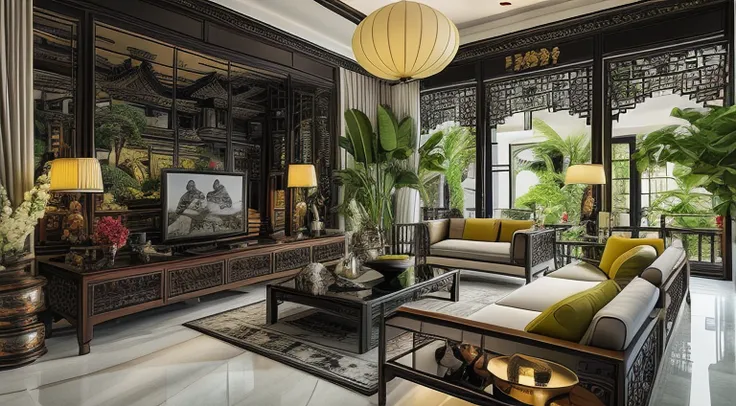 (( masterpiece)) (( ultral realistic)) (( sharp forcus)) (( high detail)) livingroom in indochina style,china , vietnam, black w...