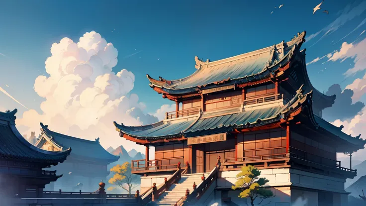 ancient chinese architecture，a palace，ancient wind，blue sky in the background，beautiful cg quality，clear and detailed descriptio...