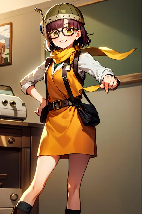 lucca, 1girl, solo, purple hair, short hair, helmet, glasses, standing, yellow scarf, vest, smile, machinery, indoors