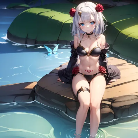 masterpiece,best quality,wallpaper ,8k, highres, 1 girl (12 years old), medium hair , white hair, kanzashi, blue eyes,black bikini,Armored Rose , (chest bandges , legs bandged), tattoo, blue choker ,butterfly choker, swimming, river, rock ,record ,sitting ...